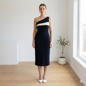 Vintage Ralph Lauren blue colourblock one shoulder silk midi dress - 6 (Small)